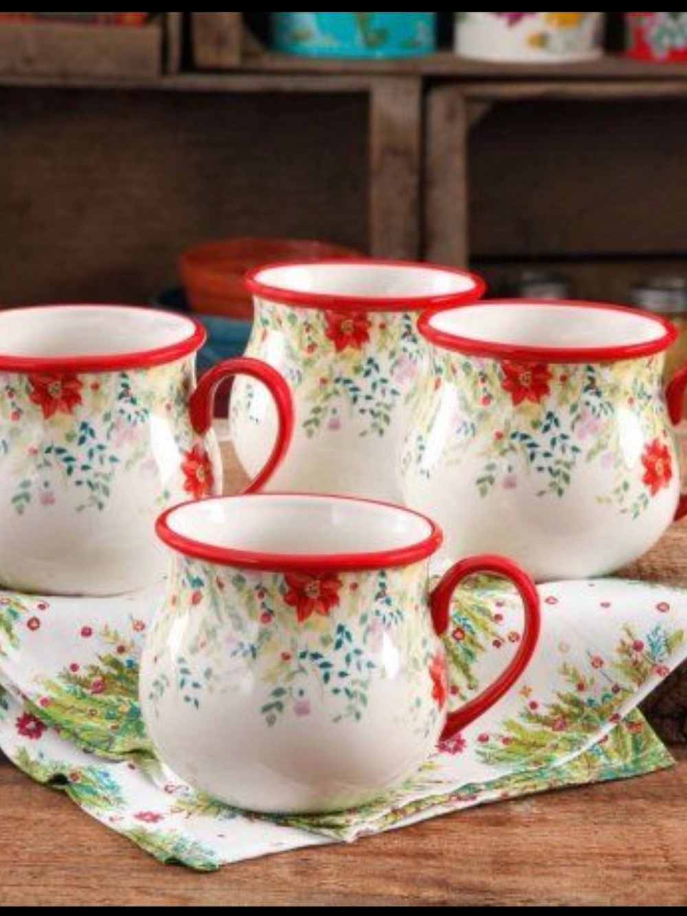 The Pioneer Woman Holiday Cheer Red-Trim Floral Ceramic Mug Set